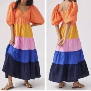 NEW Farm Rio Anthropologie Tiered Colorblocked Maxi Dress Puff Sleeved Sz XS NWT